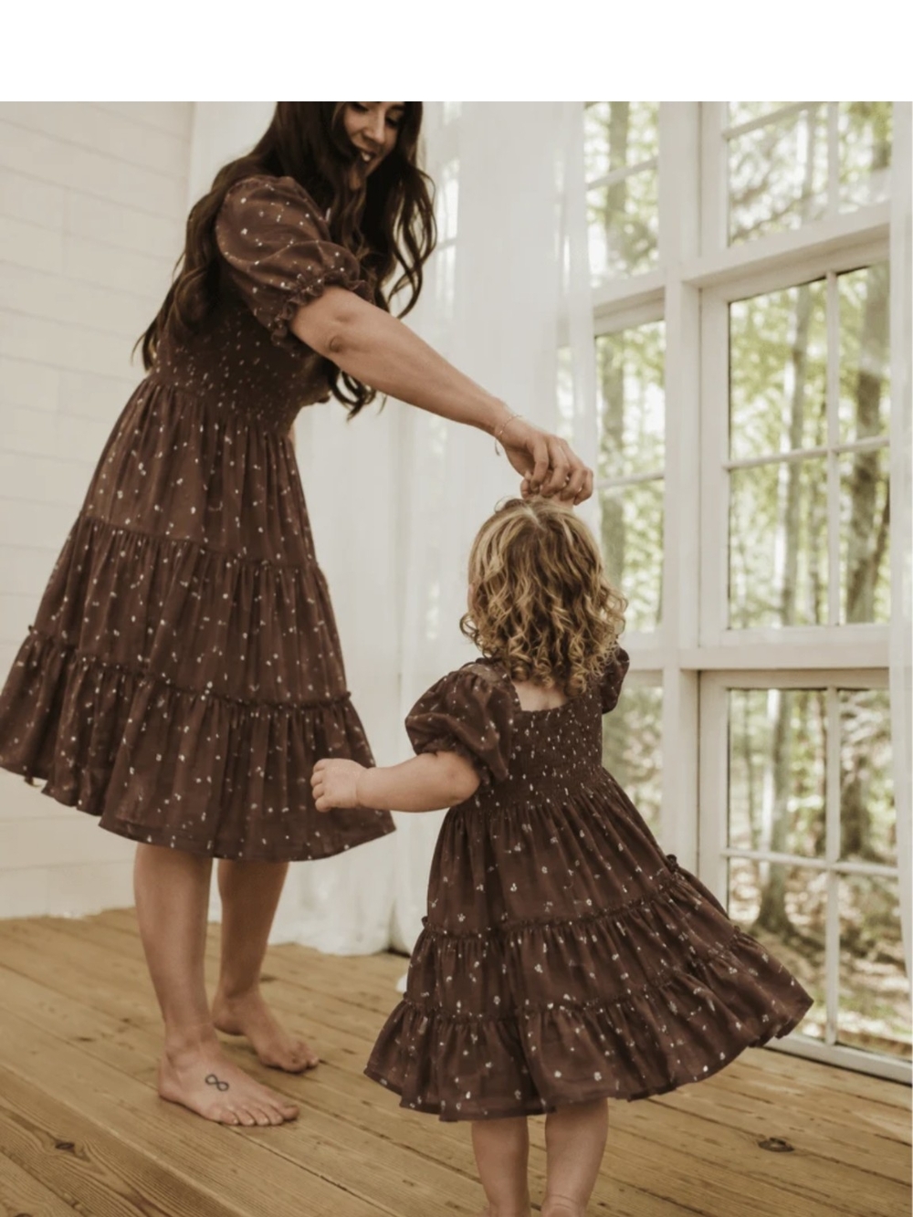 Mommy And Me Brown Puff Sleeve Tiered Dresses